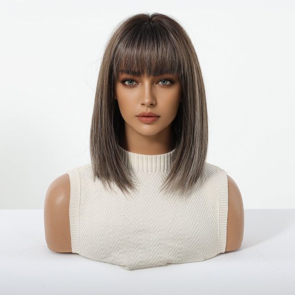 12 Inch Ash Brown Balayage Short Bob Wig with Bangs - Layered Synthetic Hair 12 Inch Ash Brown Balayage Short Bob Wig with Bangs – Layered Synthetic Hair