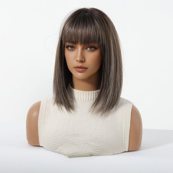 12 Inch Ash Brown Balayage Short Bob Wig with Bangs - Layered Synthetic Hair 12 Inch Ash Brown Balayage Short Bob Wig with Bangs – Layered Synthetic Hair
