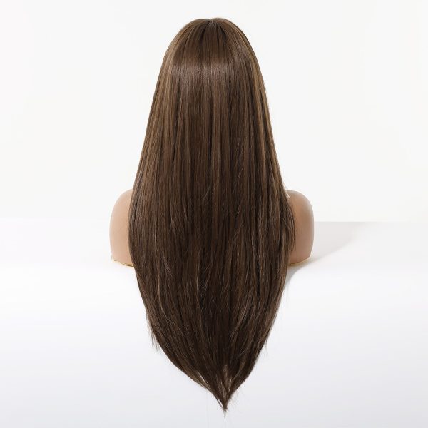 Warm Brown Long Wavy Wig with Bangs – Layered Synthetic Hair 24 Inch