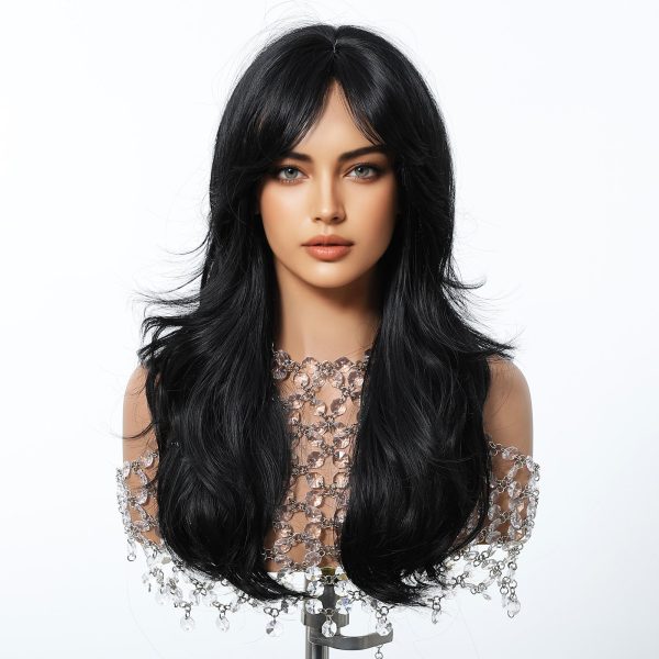 24 Inch Jet Black Wavy Wig with Bangs – Synthetic Hair