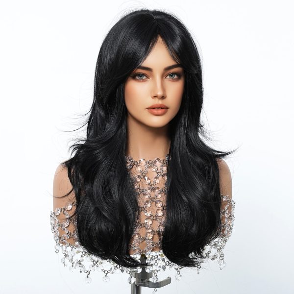 24 Inch Jet Black Wavy Wig with Bangs – Synthetic Hair