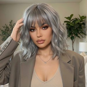 14 Inch Silver Grey Shoulder-Length Bob Wig – Layered Synthetic Hair