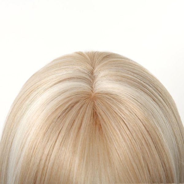 18 Inch Platinum Blonde Balayage Mid-Length Wavy Wig – Layered Synthetic Hair