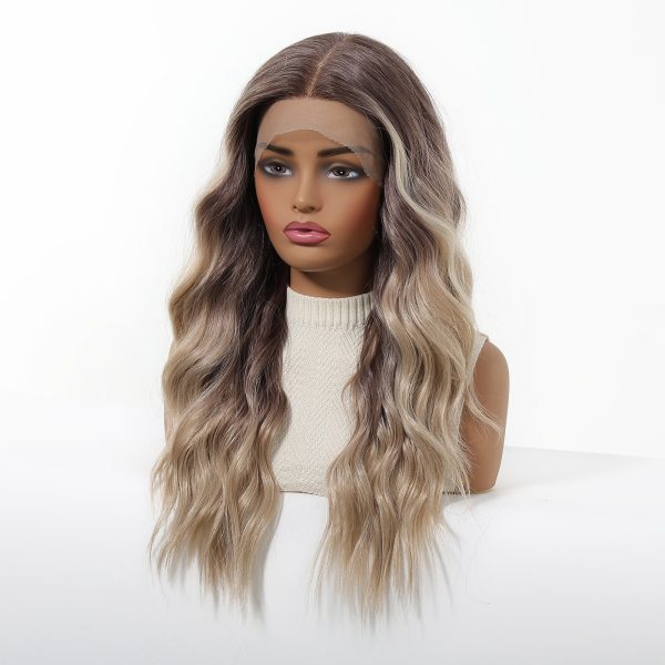 24 Inch Ash Blonde Ombre Long Wavy Wig – Dark Roots to Light Ends Synthetic Hair