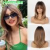 Shoulder Length Warm Brown Caramel Straight Wig with Bangs – Synthetic Hair