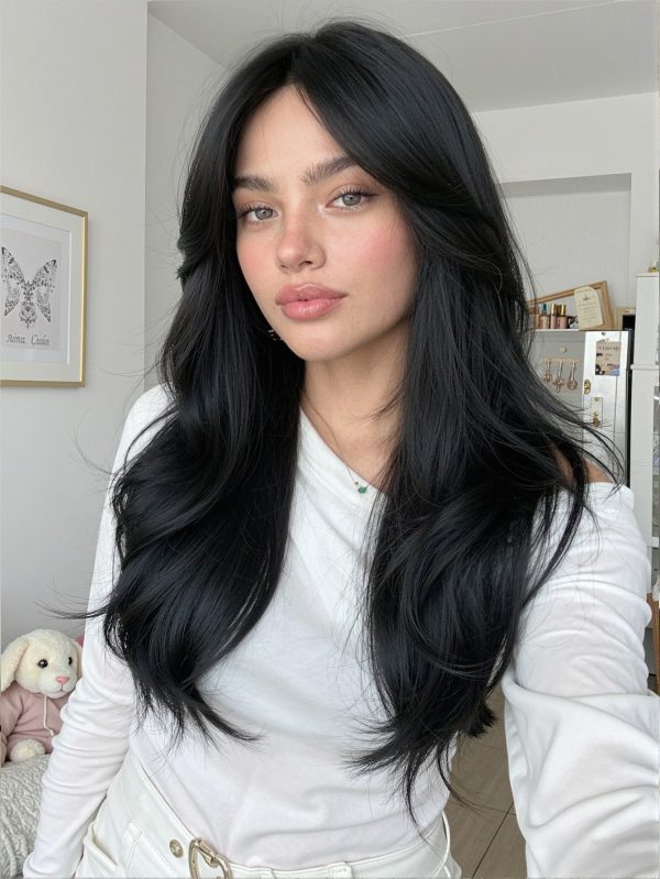 24 Inch Jet Black Wavy Wig with Bangs – Synthetic Hair