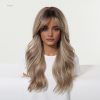 Synthetic Wig Brown Blonde Balayage Long Wavy Wig with Bangs – Rooted Synthetic Hair