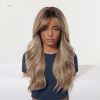 Synthetic Wig Brown Blonde Balayage Long Wavy Wig with Bangs – Rooted Synthetic Hair