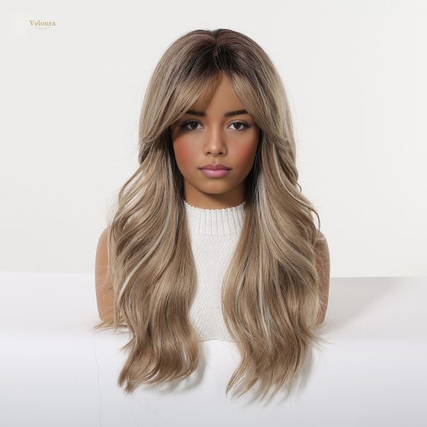 Synthetic Wig Brown Blonde Balayage Long Wavy Wig with Bangs – Rooted Synthetic Hair
