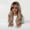 Synthetic Wig Brown Blonde Balayage Long Wavy Wig with Bangs – Rooted Synthetic Hair