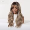 Synthetic Wig Brown Blonde Balayage Long Wavy Wig with Bangs – Rooted Synthetic Hair