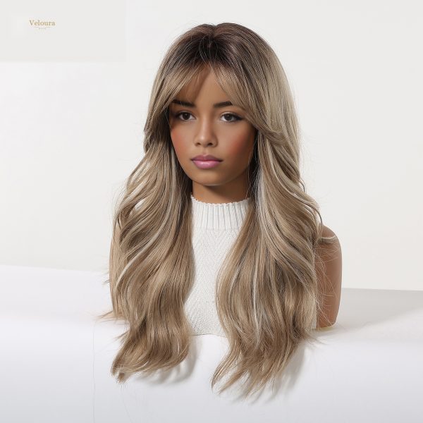 Synthetic Wig Brown Blonde Balayage Long Wavy Wig with Bangs – Rooted Synthetic Hair
