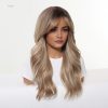 Synthetic Wig Brown Blonde Balayage Long Wavy Wig with Bangs – Rooted Synthetic Hair