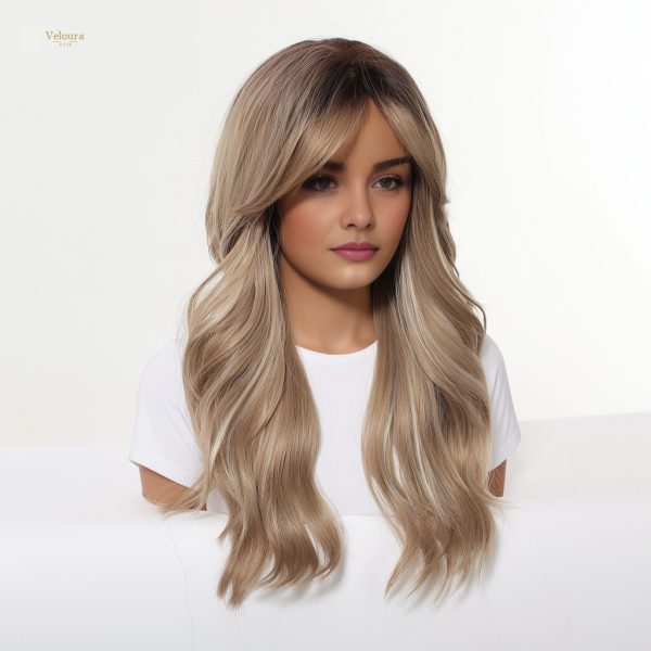 Synthetic Wig Brown Blonde Balayage Long Wavy Wig with Bangs – Rooted Synthetic Hair