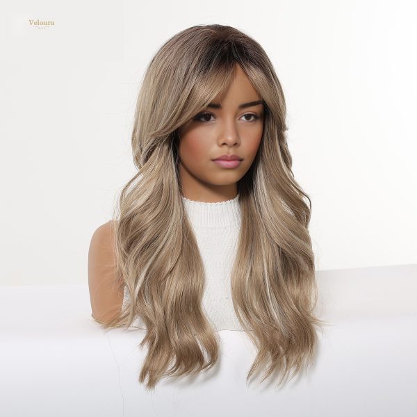 Synthetic Wig Brown Blonde Balayage Long Wavy Wig with Bangs – Rooted Synthetic Hair