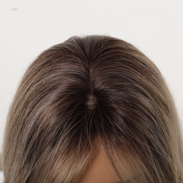 Synthetic Wig Brown Blonde Balayage Long Wavy Wig with Bangs – Rooted Synthetic Hair