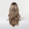 Synthetic Wig Brown Blonde Balayage Long Wavy Wig with Bangs – Rooted Synthetic Hair