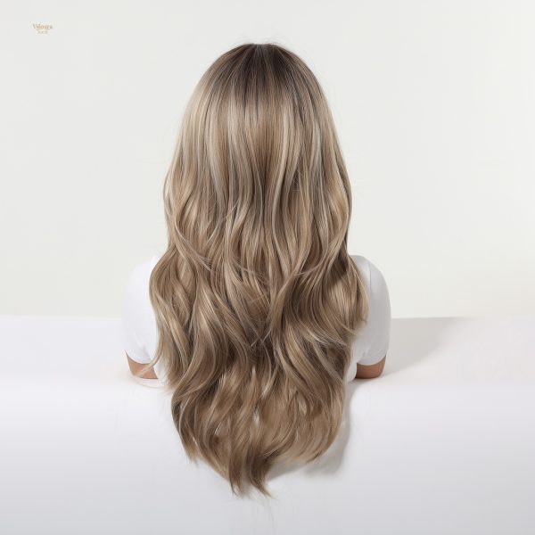 Synthetic Wig Brown Blonde Balayage Long Wavy Wig with Bangs – Rooted Synthetic Hair