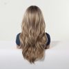 Synthetic Wig Brown Blonde Balayage Long Wavy Wig with Bangs – Rooted Synthetic Hair