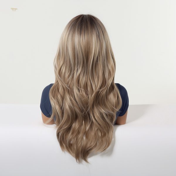 Synthetic Wig Brown Blonde Balayage Long Wavy Wig with Bangs – Rooted Synthetic Hair
