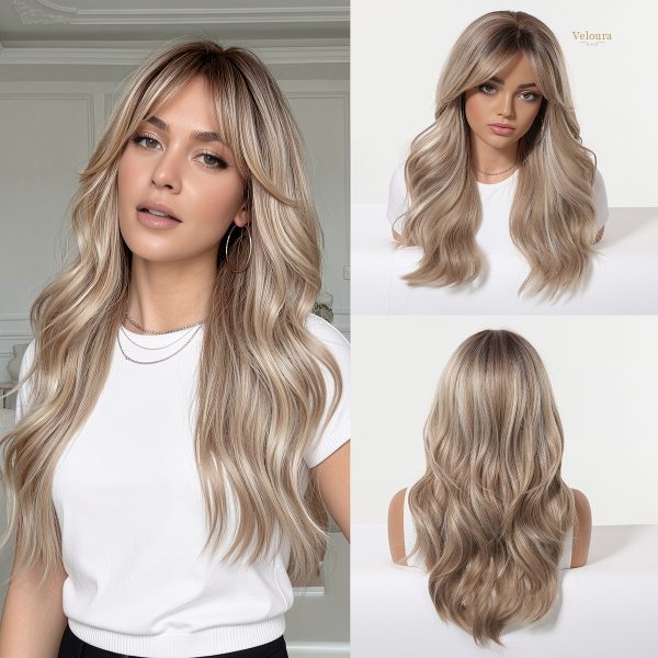 Synthetic Wig Brown Blonde Balayage Long Wavy Wig with Bangs – Rooted Synthetic Hair