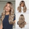 Synthetic Wig Brown Blonde Balayage Long Wavy Wig with Bangs – Rooted Synthetic Hair