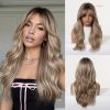 Synthetic Wig Brown Blonde Balayage Long Wavy Wig with Bangs – Rooted Synthetic Hair