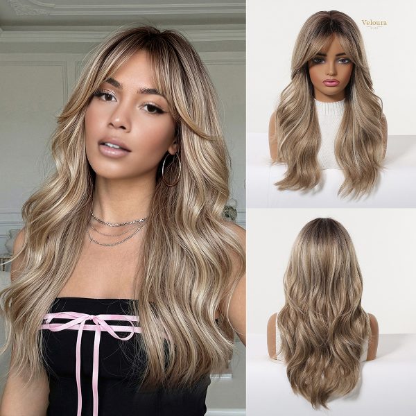 Synthetic Wig Brown Blonde Balayage Long Wavy Wig with Bangs – Rooted Synthetic Hair