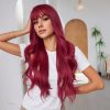 26 Inch Wine Red Long Wavy Wig with Bangs – Deep Burgundy Synthetic Hair