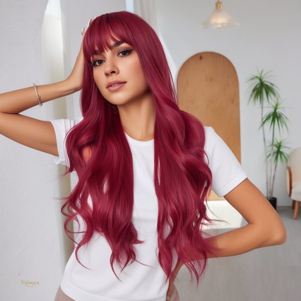 26 Inch Wine Red Long Wavy Wig with Bangs – Deep Burgundy Synthetic Hair