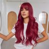 26 Inch Wine Red Long Wavy Wig with Bangs – Deep Burgundy Synthetic Hair
