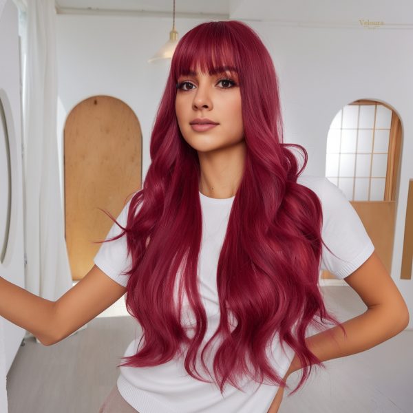 26 Inch Wine Red Long Wavy Wig with Bangs – Deep Burgundy Synthetic Hair