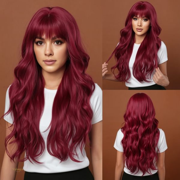 26 Inch Wine Red Long Wavy Wig with Bangs – Deep Burgundy Synthetic Hair