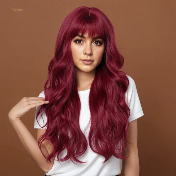 26 Inch Wine Red Long Wavy Wig with Bangs – Deep Burgundy Synthetic Hair