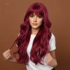 26 Inch Wine Red Long Wavy Wig with Bangs – Deep Burgundy Synthetic Hair