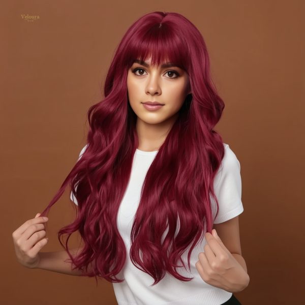 26 Inch Wine Red Long Wavy Wig with Bangs – Deep Burgundy Synthetic Hair