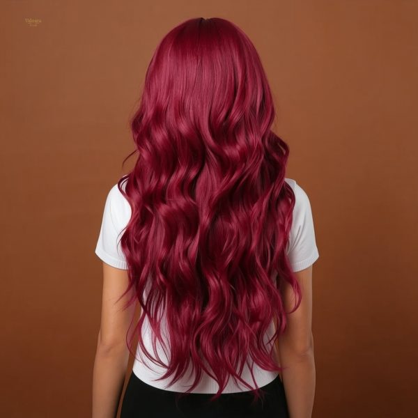 26 Inch Wine Red Long Wavy Wig with Bangs – Deep Burgundy Synthetic Hair