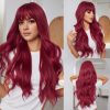 26 Inch Wine Red Long Wavy Wig with Bangs – Deep Burgundy Synthetic Hair