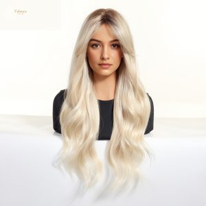 Synthetic Wig 26 Inch Platinum Blonde Long Wavy Wig – Dark-Rooted Icy Synthetic Hair