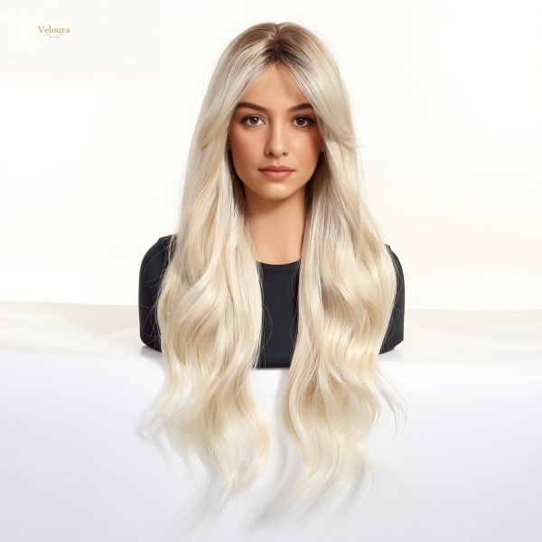 Synthetic Wig 26 Inch Platinum Blonde Long Wavy Wig – Dark-Rooted Icy Synthetic Hair