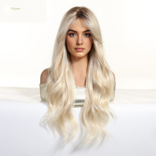 Synthetic Wig 26 Inch Platinum Blonde Long Wavy Wig – Dark-Rooted Icy Synthetic Hair