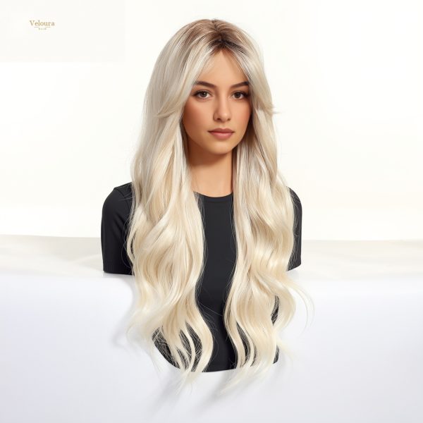 Synthetic Wig 26 Inch Platinum Blonde Long Wavy Wig – Dark-Rooted Icy Synthetic Hair