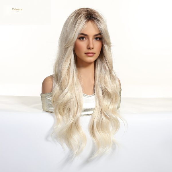 Synthetic Wig 26 Inch Platinum Blonde Long Wavy Wig – Dark-Rooted Icy Synthetic Hair