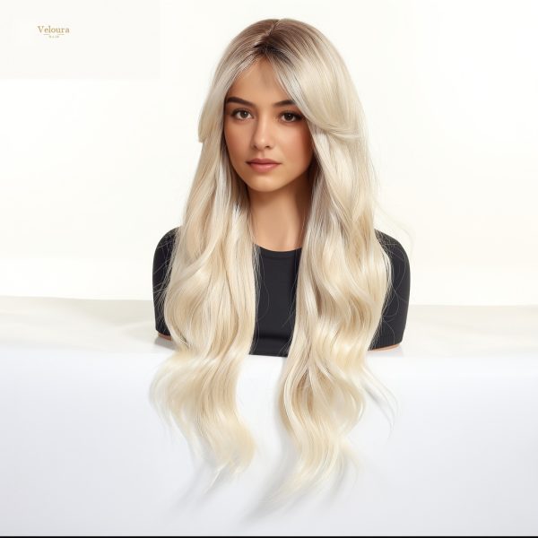 Synthetic Wig 26 Inch Platinum Blonde Long Wavy Wig – Dark-Rooted Icy Synthetic Hair