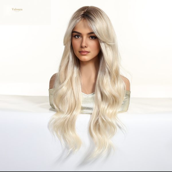 Synthetic Wig 26 Inch Platinum Blonde Long Wavy Wig – Dark-Rooted Icy Synthetic Hair