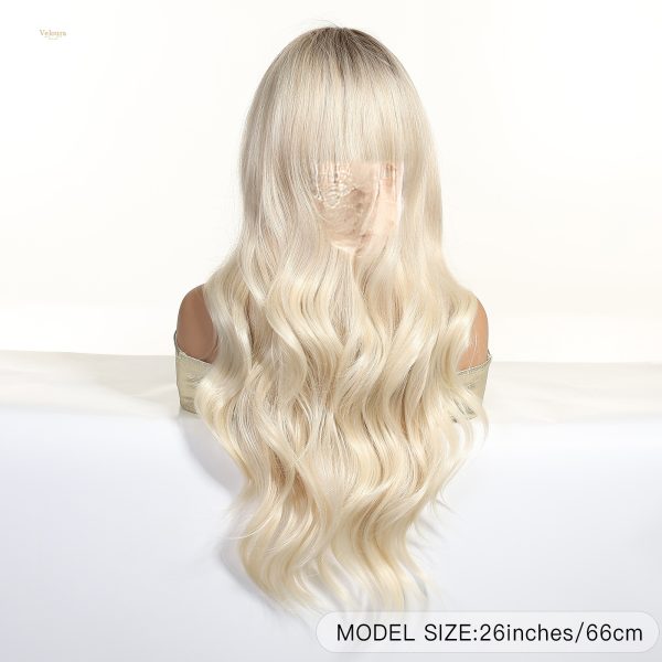 Synthetic Wig 26 Inch Platinum Blonde Long Wavy Wig – Dark-Rooted Icy Synthetic Hair
