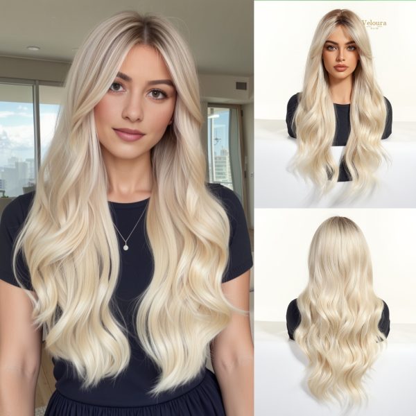 Synthetic Wig 26 Inch Platinum Blonde Long Wavy Wig – Dark-Rooted Icy Synthetic Hair