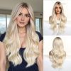 Synthetic Wig 26 Inch Platinum Blonde Long Wavy Wig – Dark-Rooted Icy Synthetic Hair