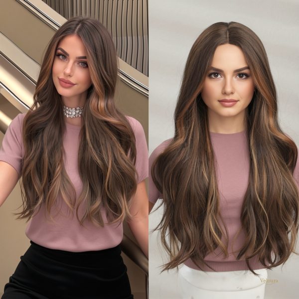 Synthetic Wig 24 Inch Medium Brown Wavy Wig – Caramel Highlight Synthetic Hair