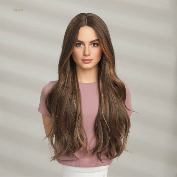 Synthetic Wig 24 Inch Medium Brown Wavy Wig – Caramel Highlight Synthetic Hair